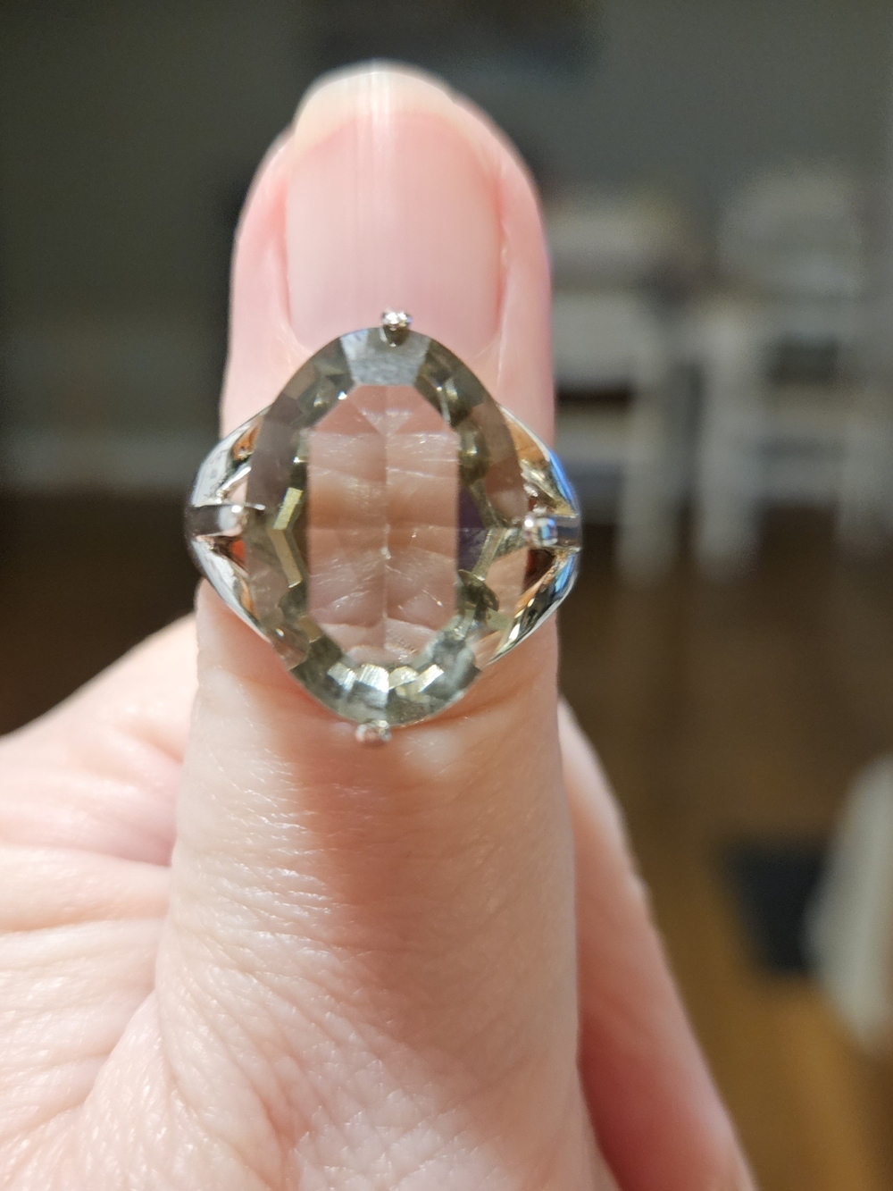 Silver Ring with Large Pale Gray Gemstone - Women Jewelry. Size 8